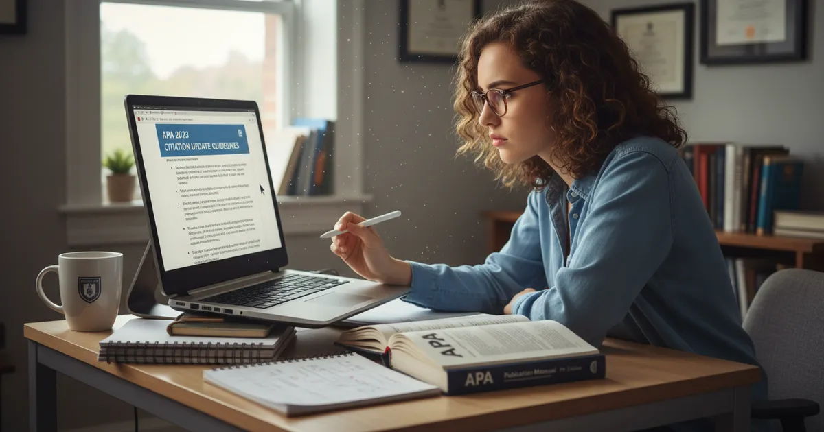 Investigador revisando actualizaciones de citas en formato APA 2023 en su computadora