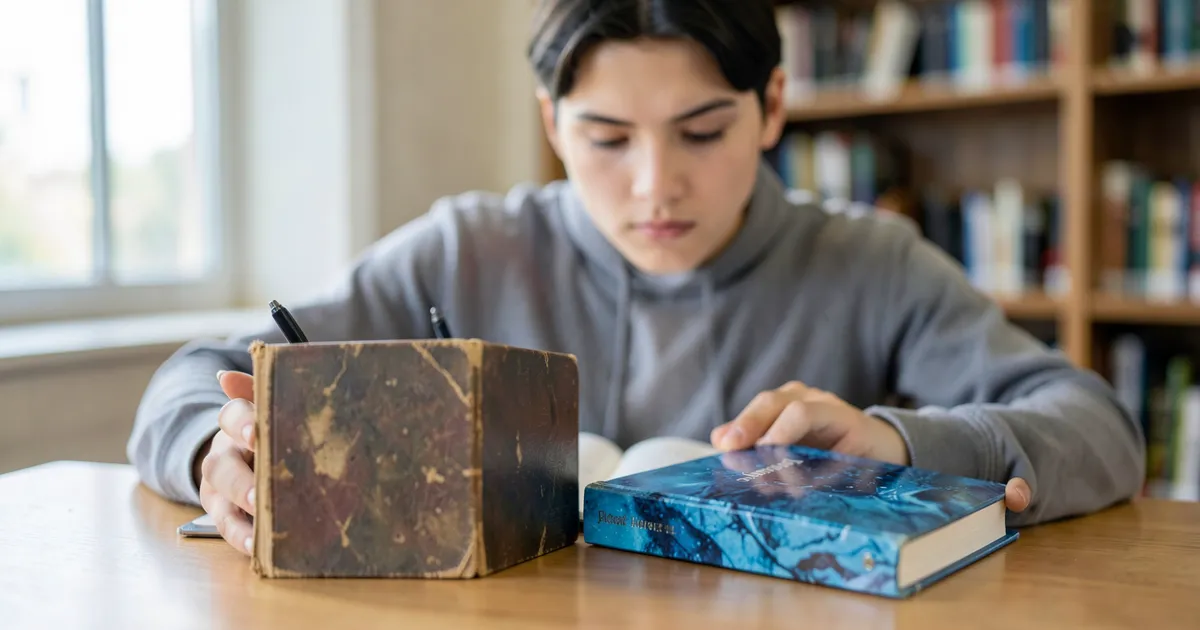 Estudiante universitario comparando libros de normas APA antiguas y nuevas en la 7ma edición