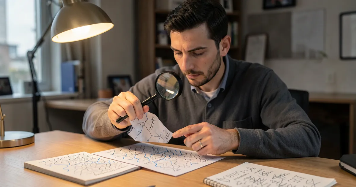 Researcher closely inspecting document for accurate APA surname preposition formatting