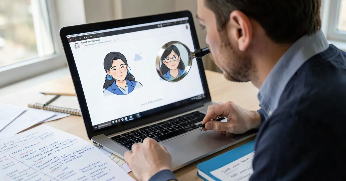 Investigador verificando citas APA para autores con apellidos idénticos usando lupa