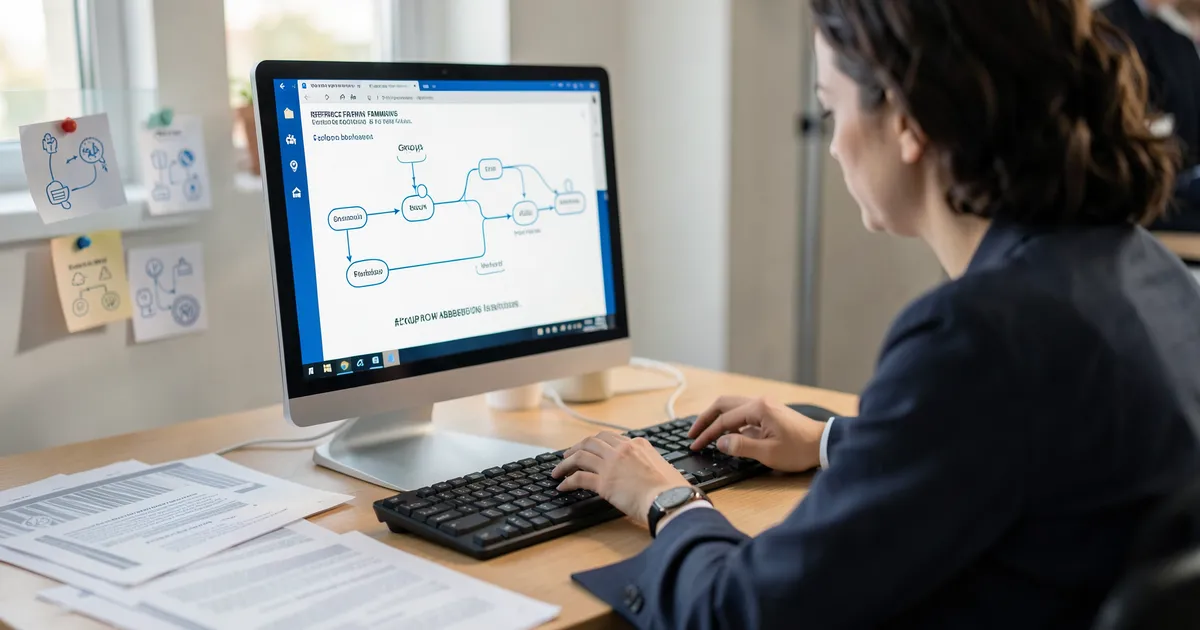 Representación realista de escritor formateando referencias de grupos con abreviaturas según normas APA
