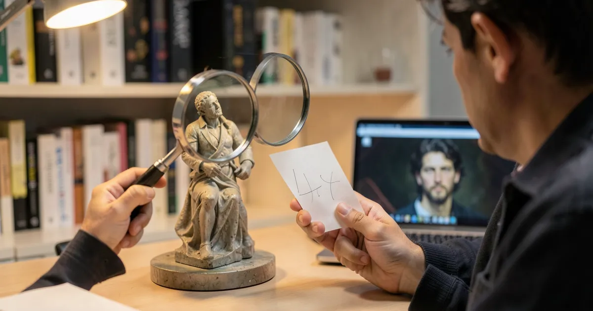 Investigador examinando escultura de arte con lupa para citar correctamente en normas APA