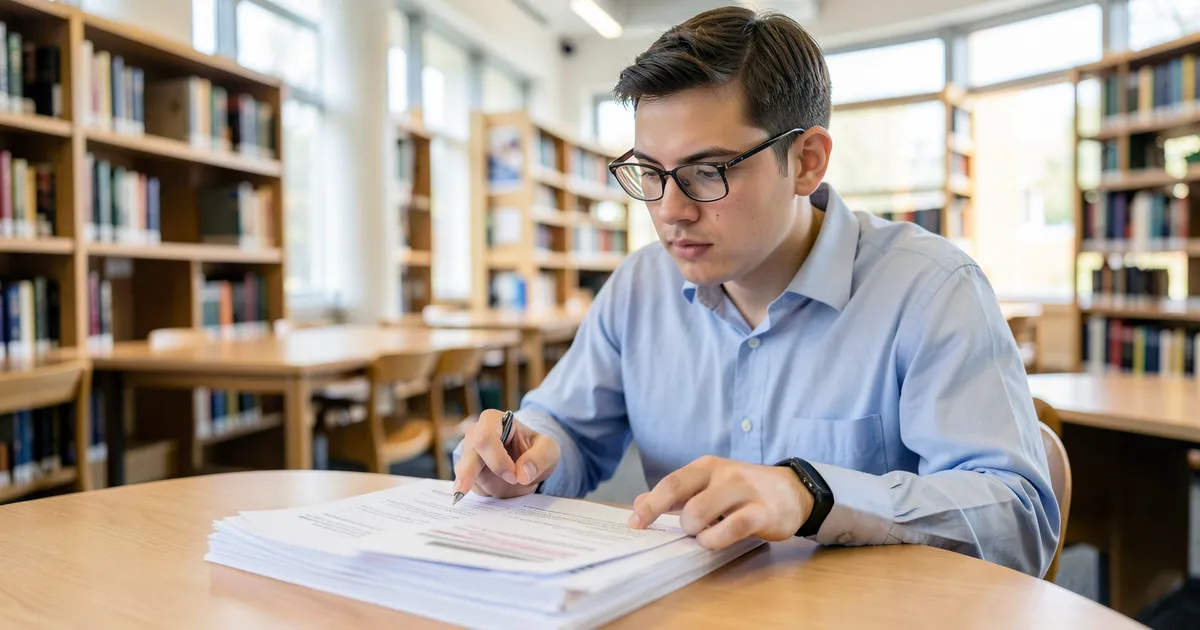 Investigador revisando formularios de participantes para citas APA correctas en biblioteca