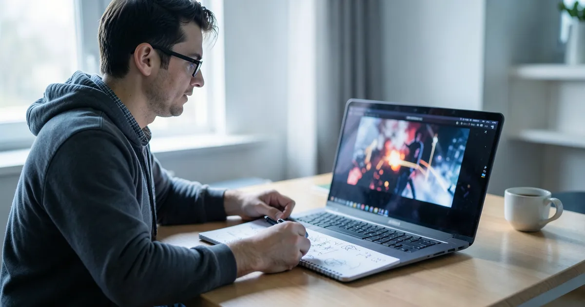 Investigador observando película en laptop para citar correctamente en APA
