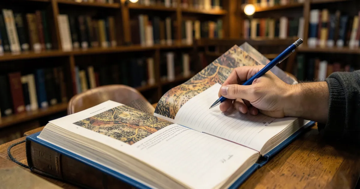 Investigador examinando libro traducido y anotando cita APA en biblioteca