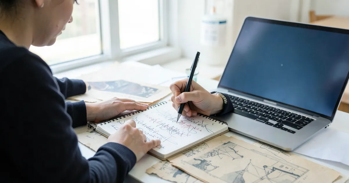 Estudiante anotando cita de documento de archivo según normas APA en escritorio de estudio