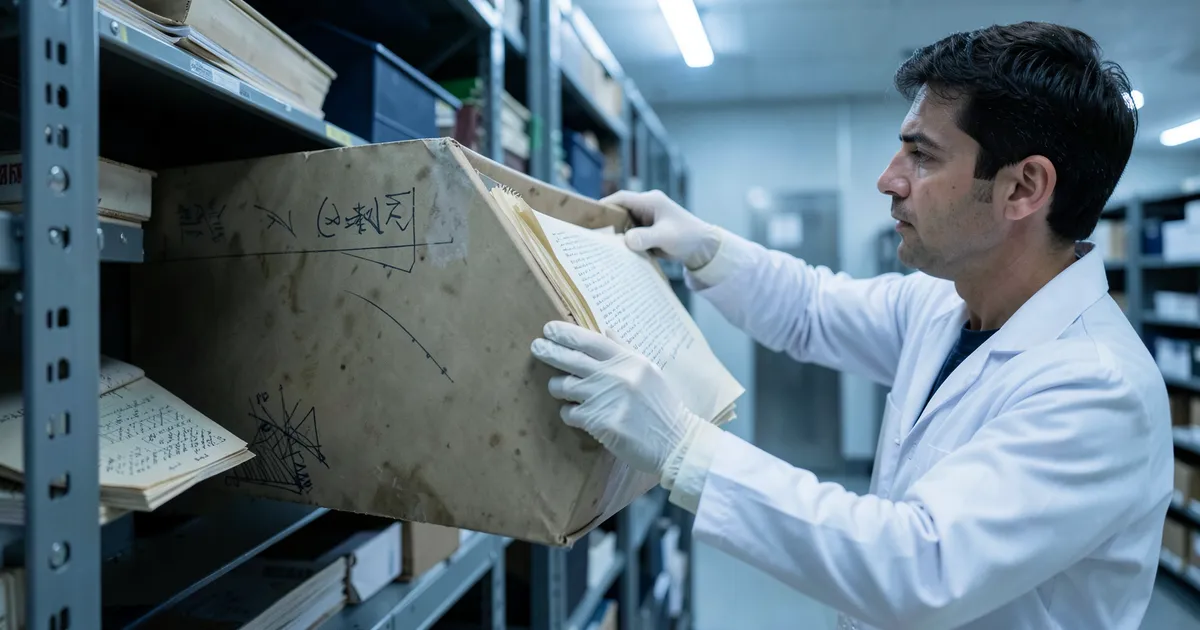 Investigador accediendo a caja de documentos de archivo para citar en estilo APA
