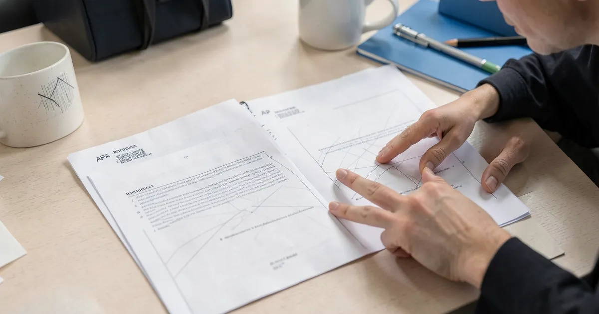 Investigador comparando documentos para ordenar referencias alfabéticamente en normas APA