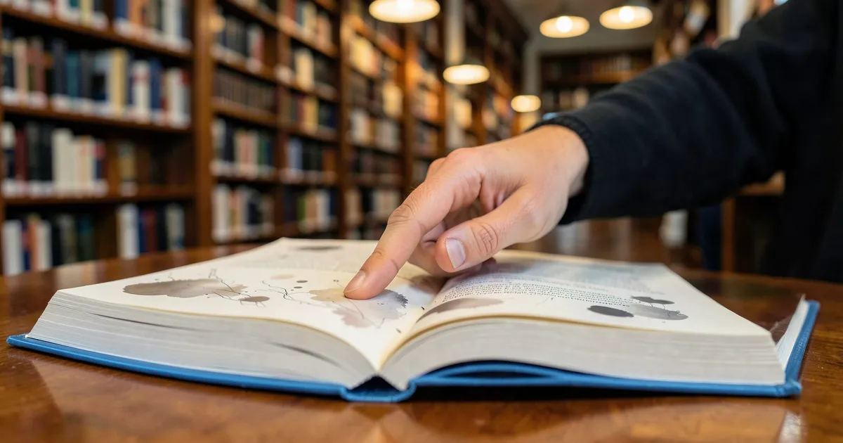 Investigador examinando páginas de antología para citar correctamente en estilo APA