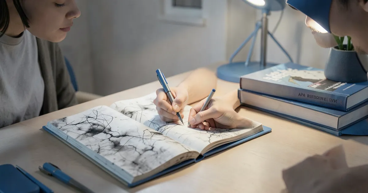 Escritor académico compilando referencias de antología en estilo APA con precisión