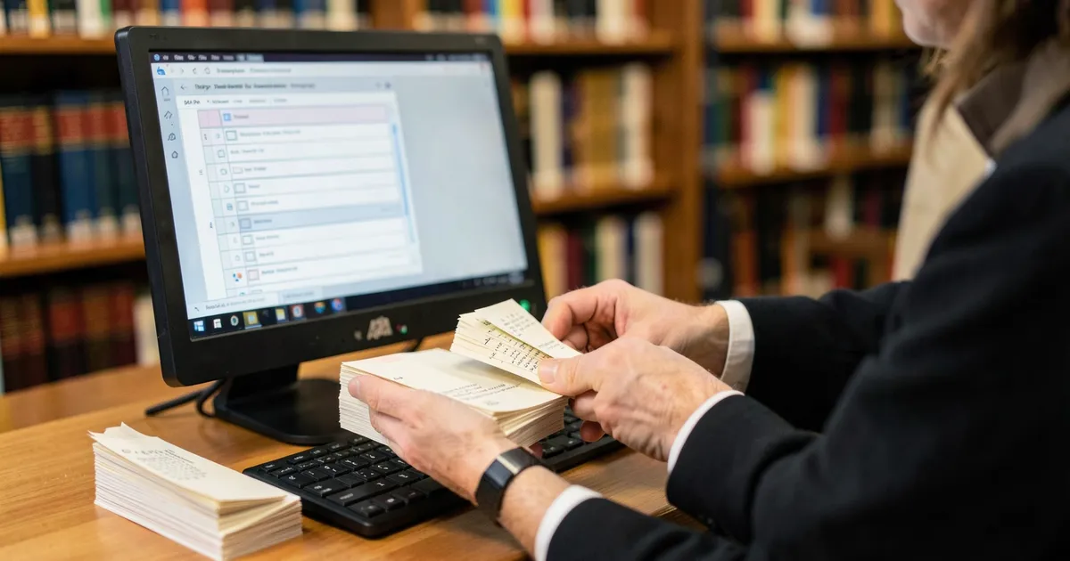 Investigador organizando lista de referencias bibliográficas en normas APA