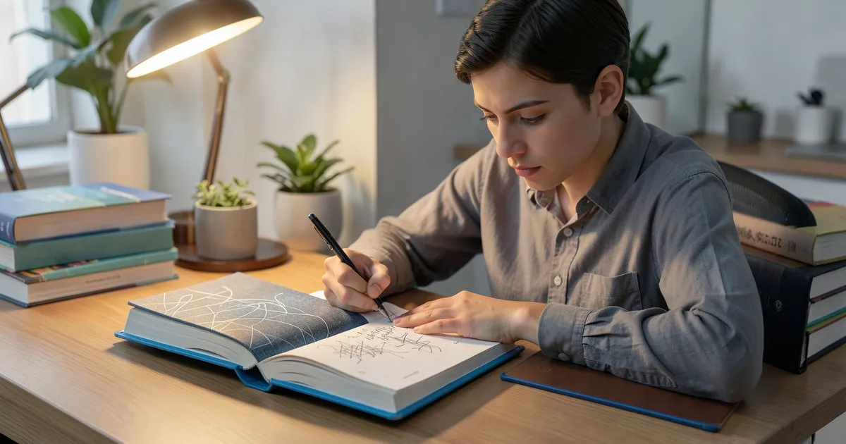 Investigador organizando citas de libros en formato APA en escritorio académico