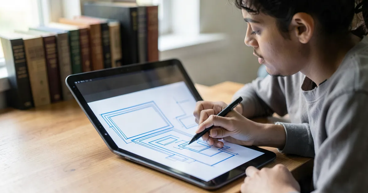 Student digitally structuring APA headings and numbering hierarchy on tablet