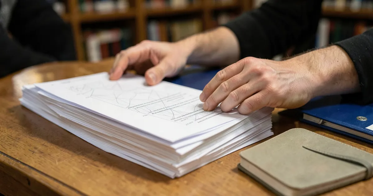 Researcher reviewing organized APA paper with headings and numbering structure