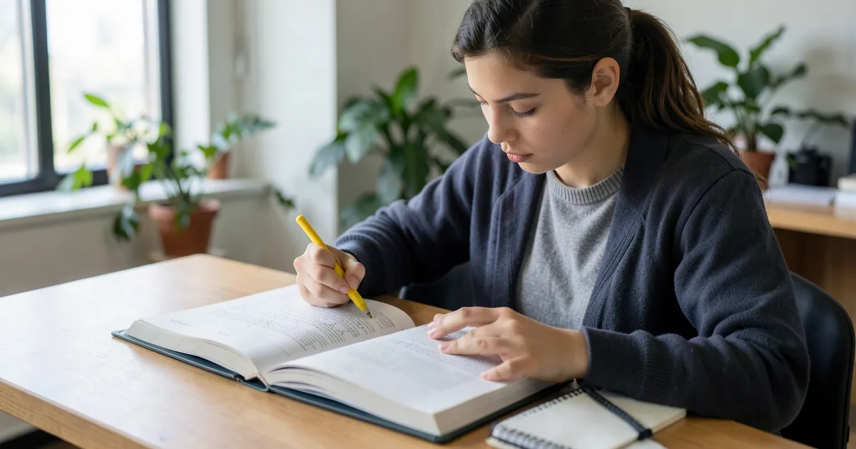 Estudiante revisando libro académico para identificar citas en estilo APA