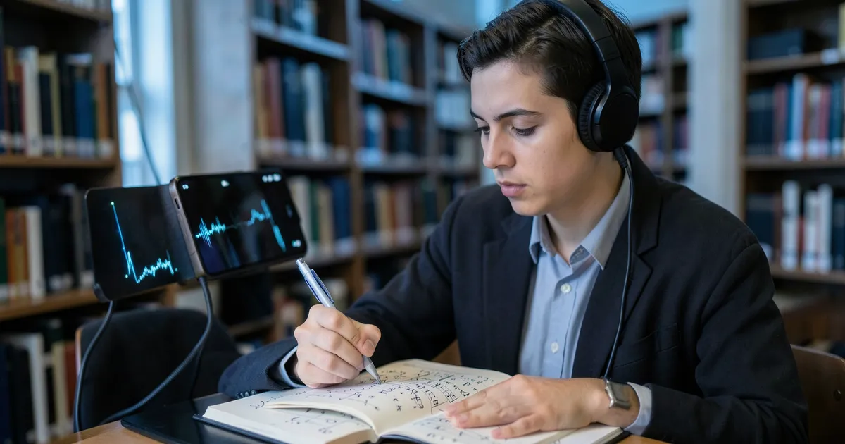 Investigador escuchando música y tomando notas para citar letras en normas APA