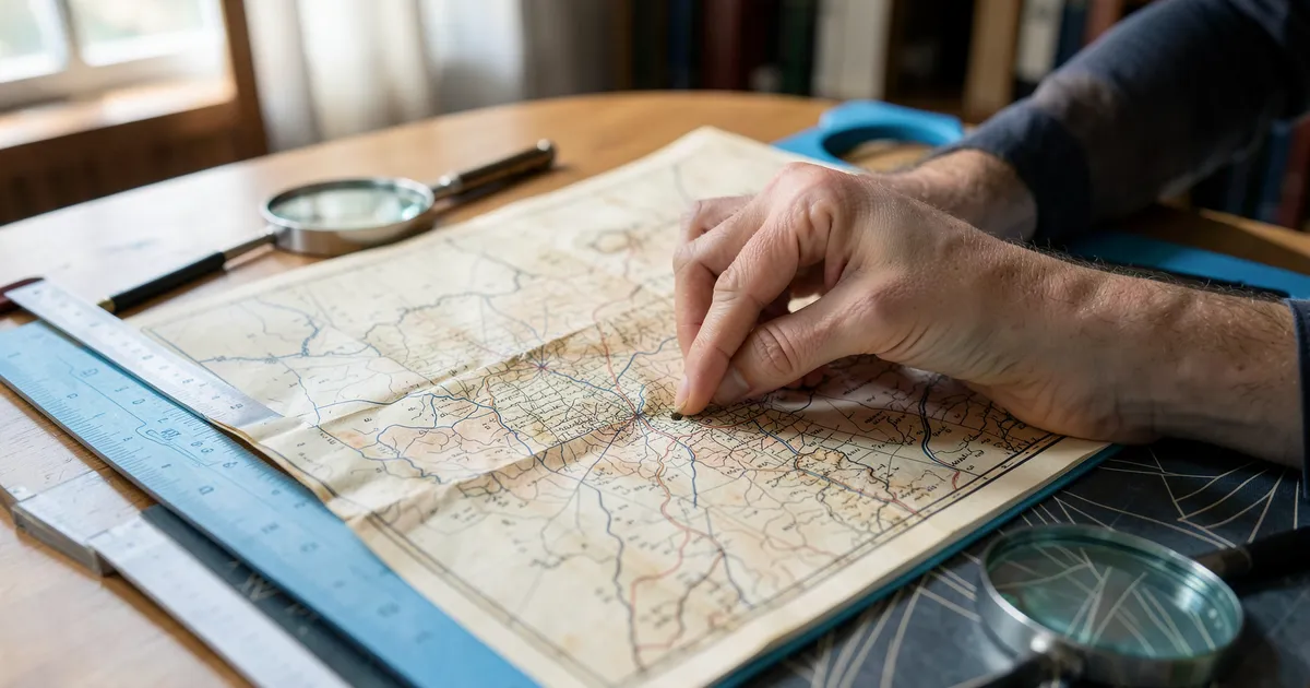 Manos de investigador examinando mapa físico detallado para citar fuentes académicas con precisión