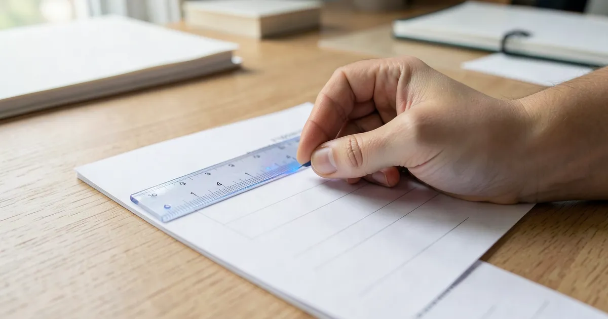 Estudiante midiendo márgenes laterales en papel impreso con normas APA usando regla