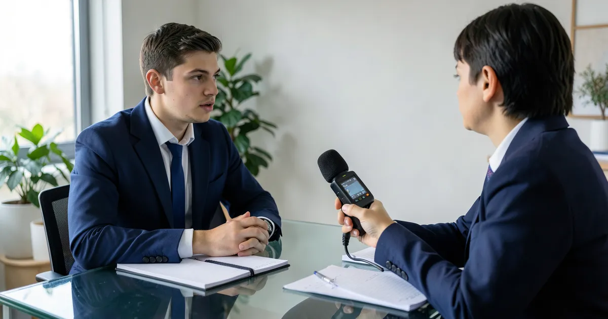 Professional conducting interview with voice recorder for APA referencing in academic research