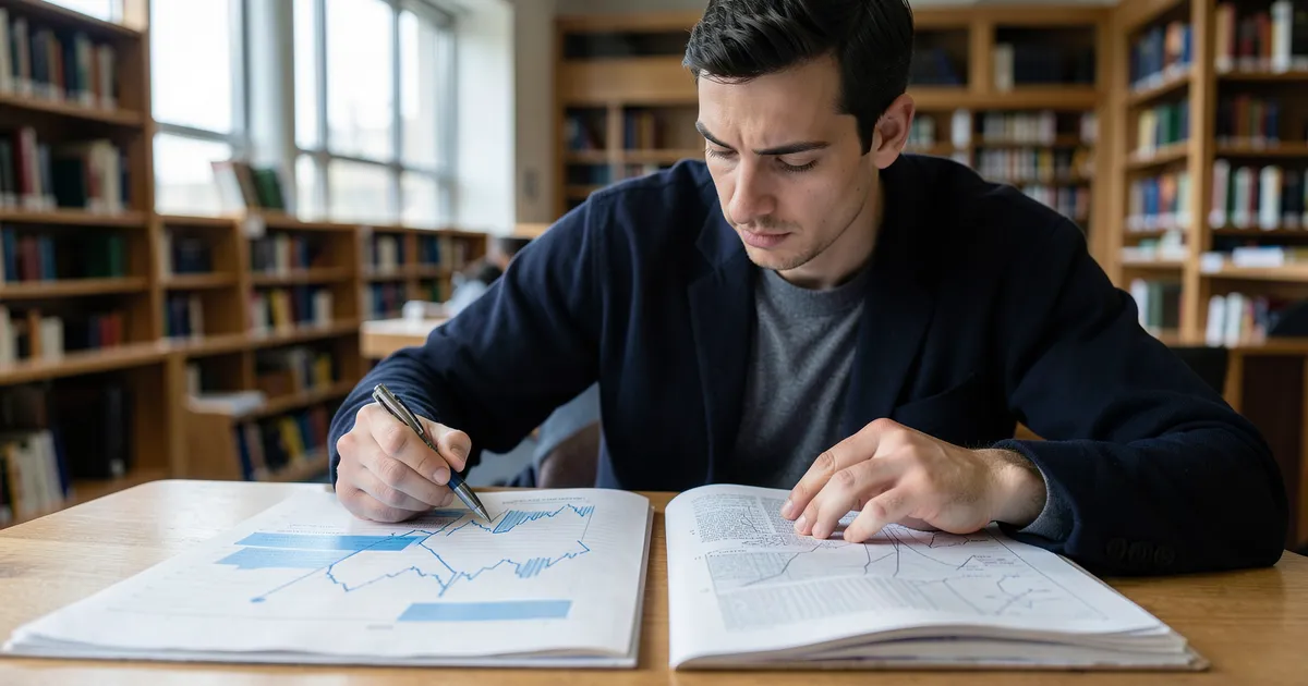 Investigador comparando uso de números en documentos según normas APA en biblioteca académica